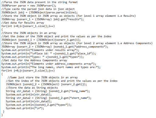 Once the JSON objects are stored in the array, read the corresponding JSONArray objects, convert it to JSON objects again. So you get the elements within the results array. So here is how you do it.