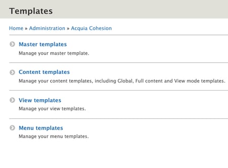 acquia cohesion admin interface with four options