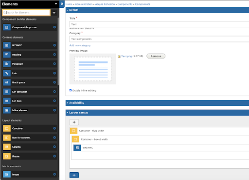 acquia site studio admin interface with four fields and  and a panel on right