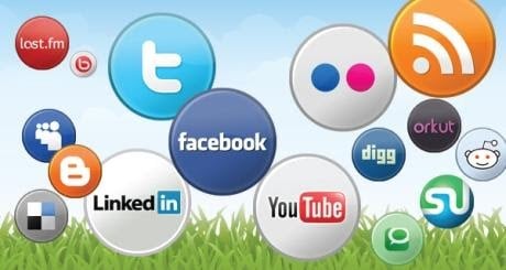 social media icons floating in green grass and blue sky