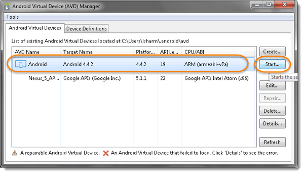AVD name and click on Start on the right